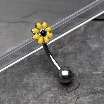 Detail View 1 of Dainty Daisy Eyebrow Curved Barbell Ring-Yellow/Black